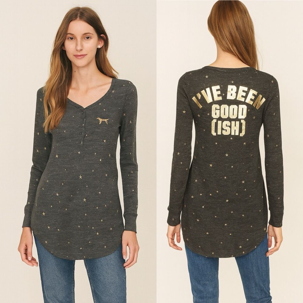 PINK Victoria’s Secret Womens Thermal Henley Top Small Gray Gold Star Logo Y2K